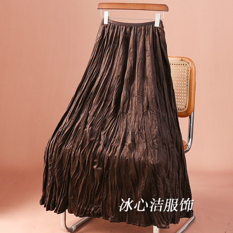 冬季高级好看美拉德丝绒褶皱半身裙女秋冬2025新款棕色a字长裙子