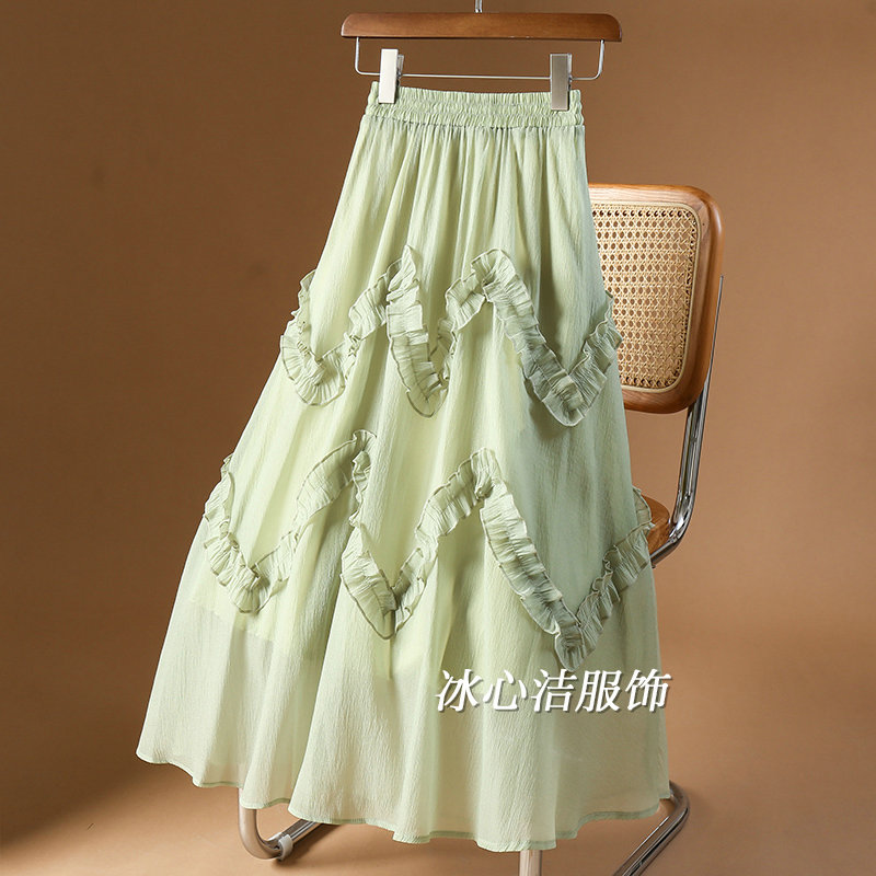 设计感绿色木耳边半身裙女夏季2025小个子高腰大摆裙子长裙半裙