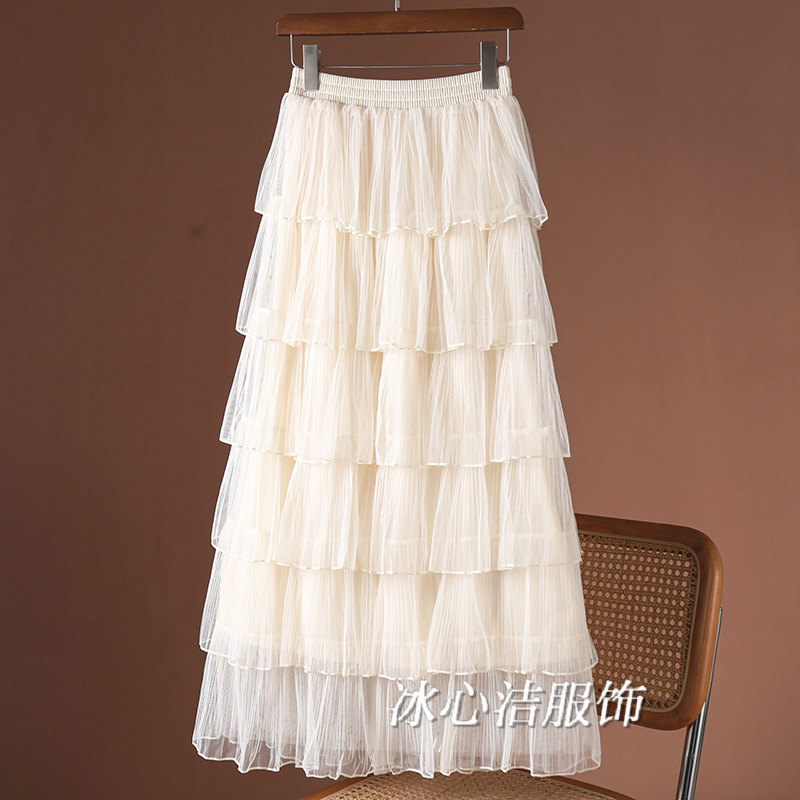 超仙白色网纱蛋糕裙半身裙女夏季2025新款卡其色蓬蓬纱裙半裙长裙
