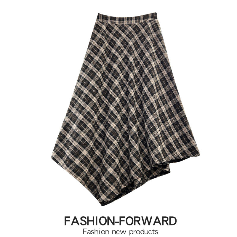 春季不规则蓝色格子毛呢半身裙女秋冬2026新款裙子格纹伞裙春裙