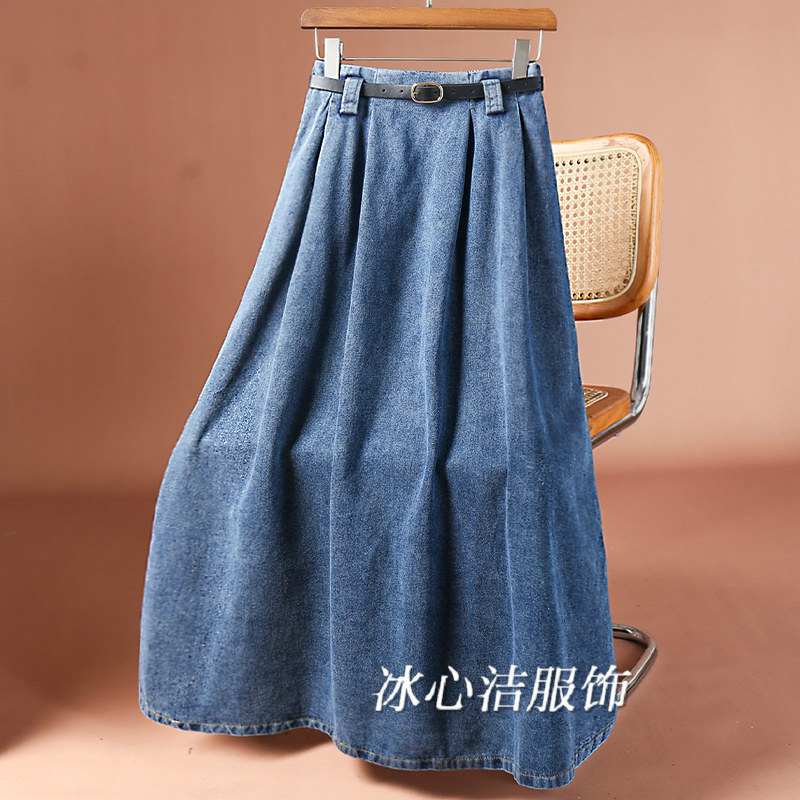 设计感复古牛仔大摆半身裙女秋冬新款高腰显瘦中长款裙子长裙半裙