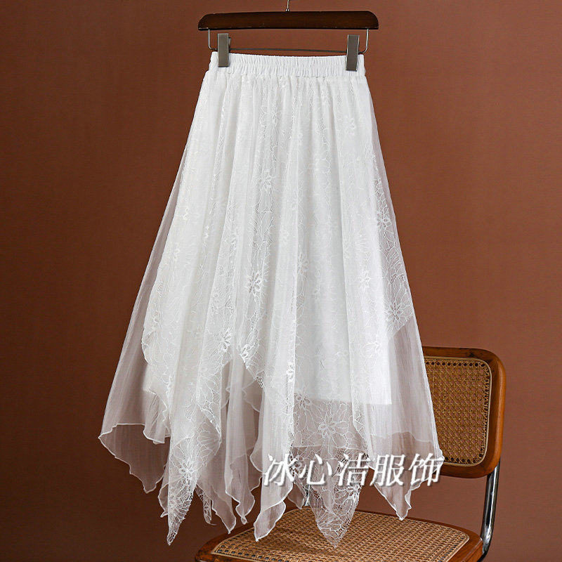超仙白色不规则蕾丝半身裙女春季2026新款漂亮好看飘逸大摆长裙
