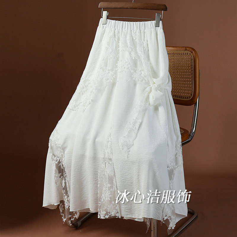 白色不规则蕾丝拼接网纱裙半身裙女夏季2025新款A字长裙夏天裙子