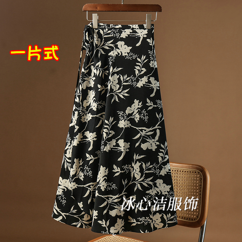 一片式绑带碎花雪纺半身裙