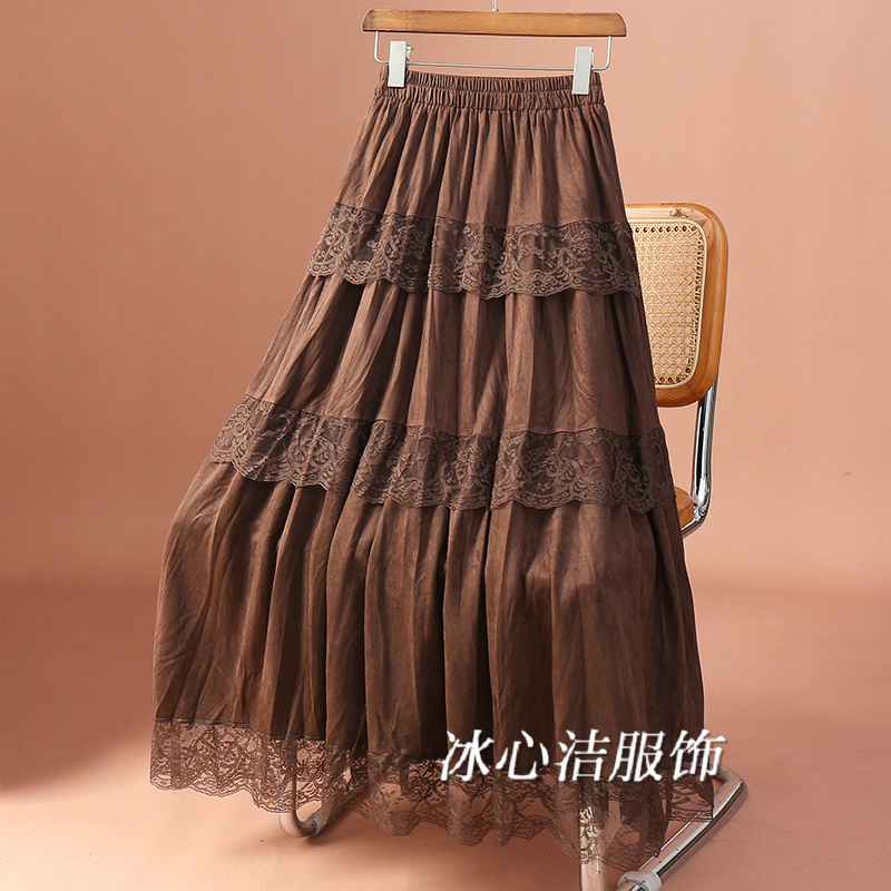 蕾丝边拼接麂皮绒半身裙