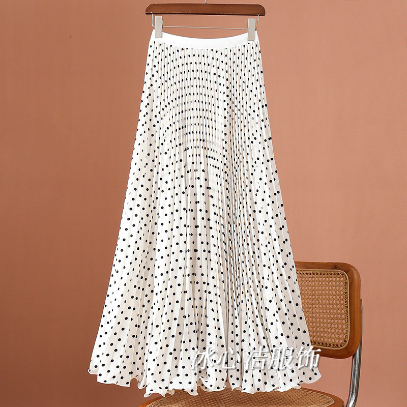 白色波点印花百褶裙半身裙女2025秋冬新款巨好看紫色大裙摆长裙