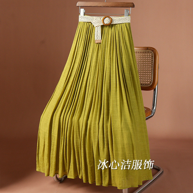芥末绿夏仿棉麻垂感大摆长款半身裙女2025新款新中式编织带显瘦长