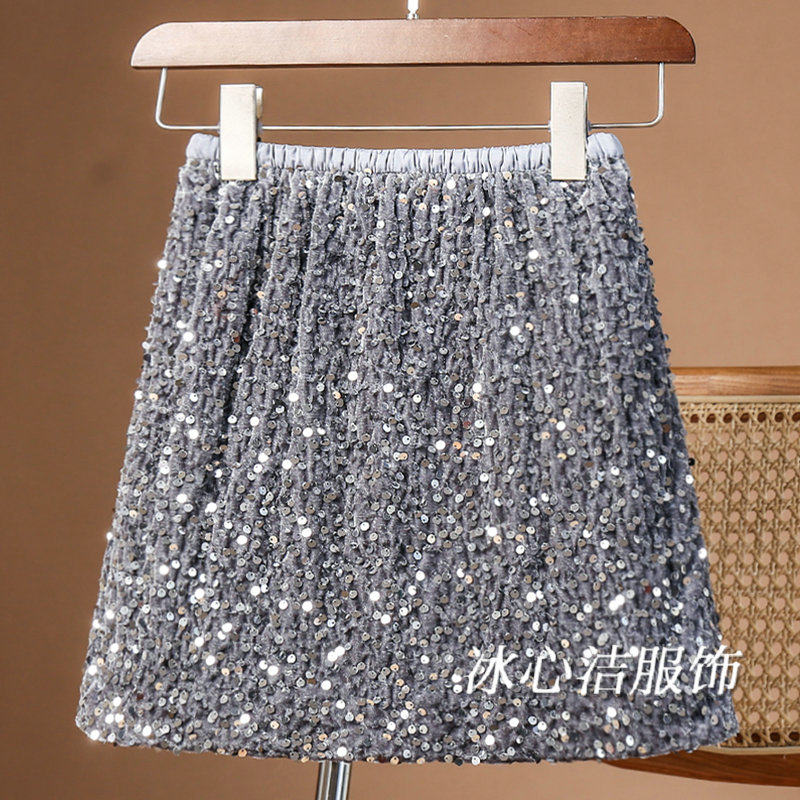 秋冬亮片丝绒短裙半身裙女2025冬季新款高腰显瘦包臀裙A字裙半裙