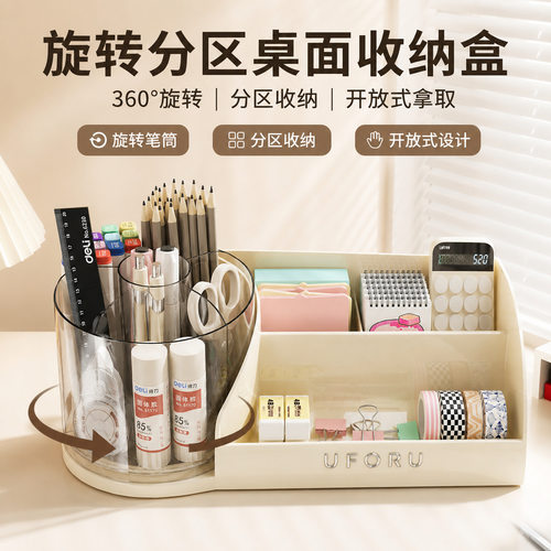 360°旋转文具收纳盒桌面整理分区大容量开放式笔筒办公收纳