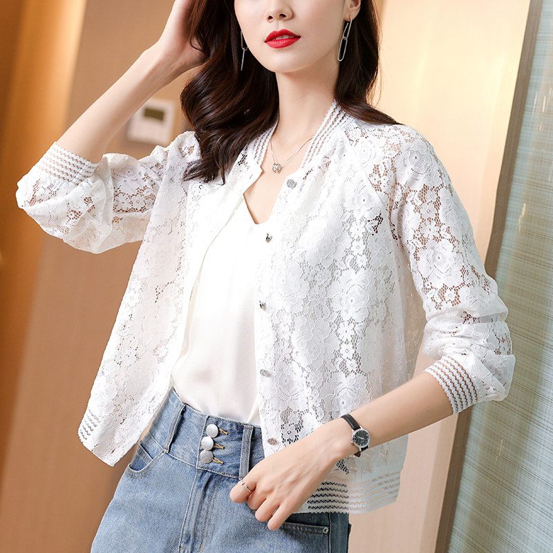 蕾丝防晒衣开衫女2020新款很仙的棒球服外套夏季雪纺外搭微透上衣