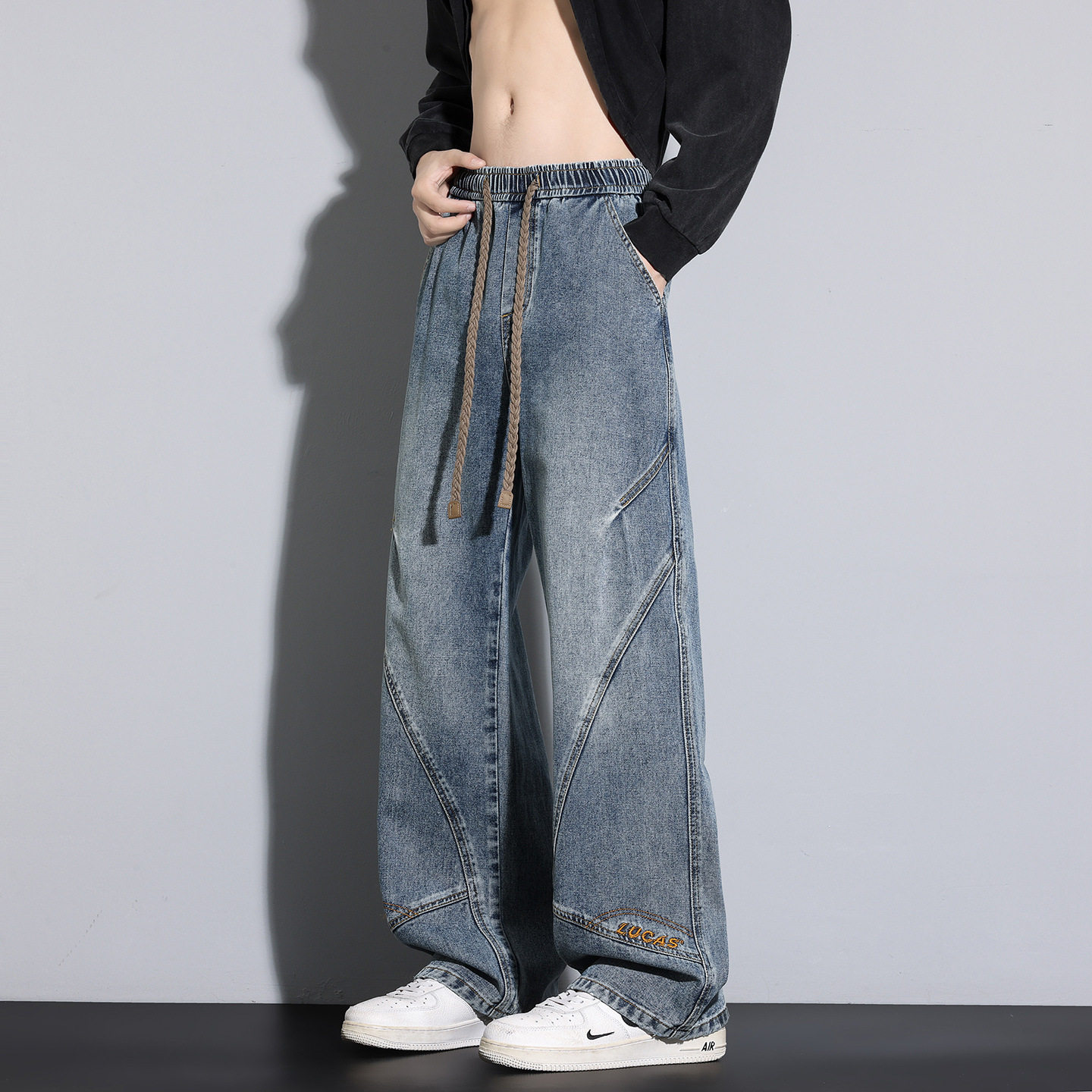 跨境牛仔裤男款春夏学生阔腿直筒休闲牛仔裤长裤青少年男装裤子