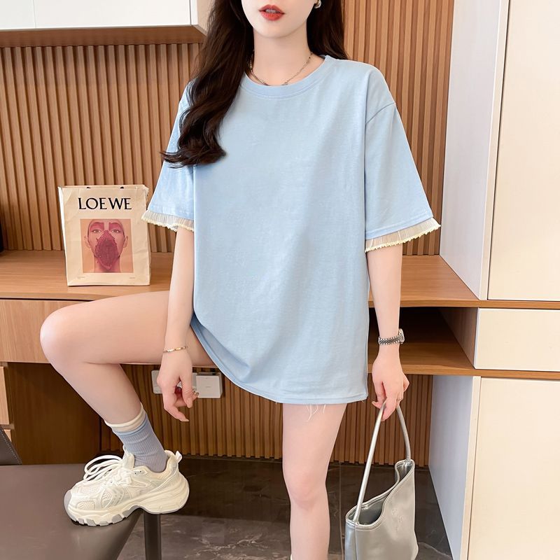 纯棉炸街拼接蕾丝边短袖t恤女夏日正肩精致中长款超好看半袖上衣