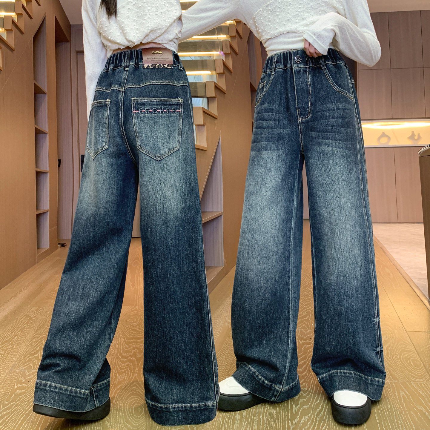 女童牛仔裤春秋大童裤子2025新款洋气初中学生儿童秋装女孩阔腿裤