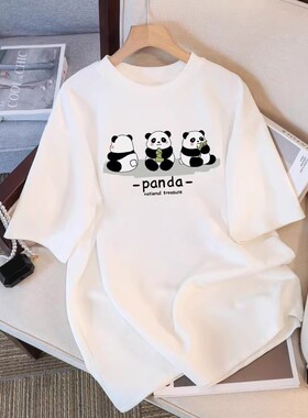 熊猫白色短袖t恤女纯棉2026夏季新款宽松百搭大码设计感半袖上衣