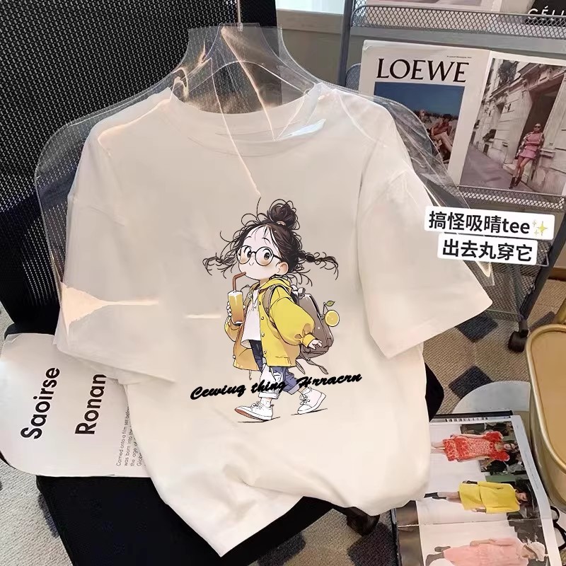 白色t恤女夏季纯棉短袖2026新款卡通中长款上衣宽松欧货半袖体恤
