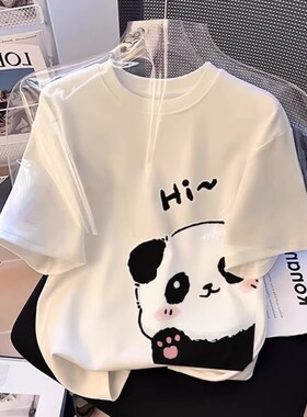 2026夏季新款白色熊猫纯棉短袖t恤女欧货大码上衣宽松显瘦体恤ins