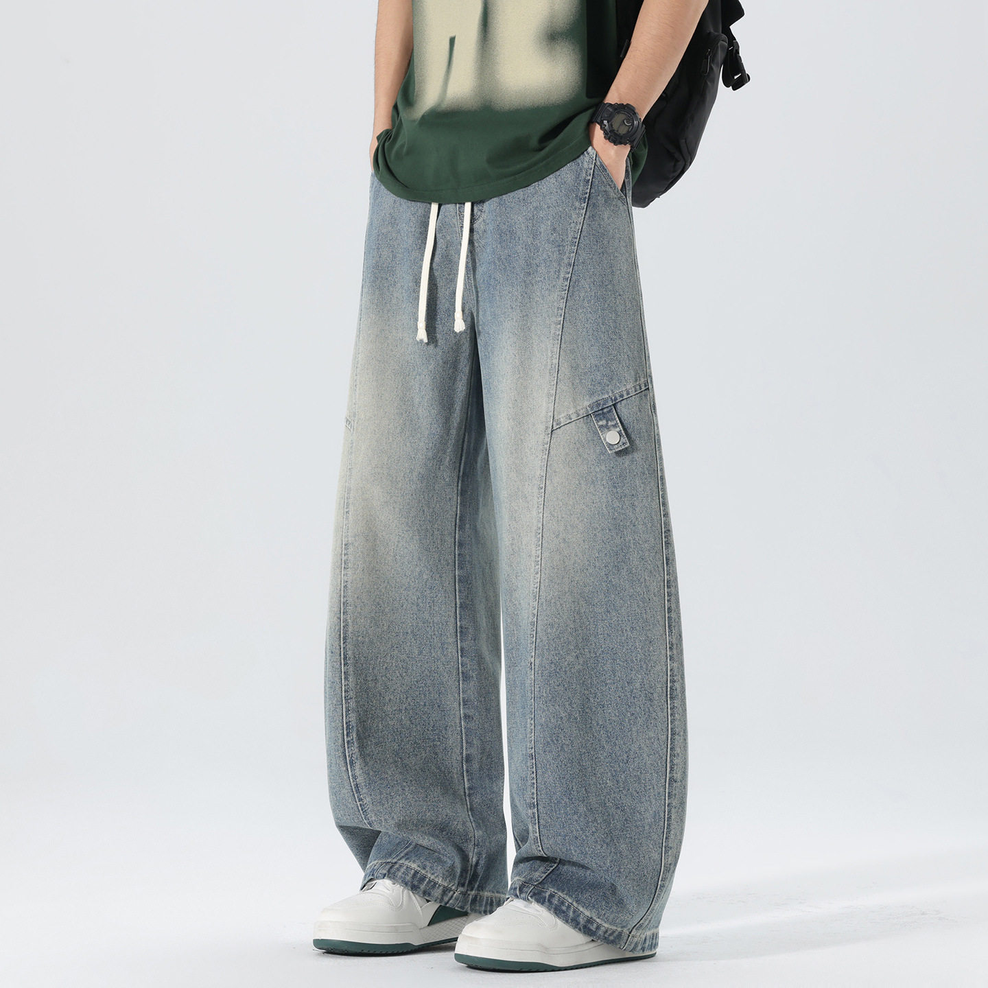 春秋新款潮牌松紧腰阔腿牛仔裤男款宽松显瘦时尚潮流百搭弯刀裤子