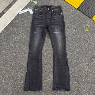 美式潮牌直筒微弹力牛仔裤男女款复古做旧泼墨破洞小脚牛仔长裤男