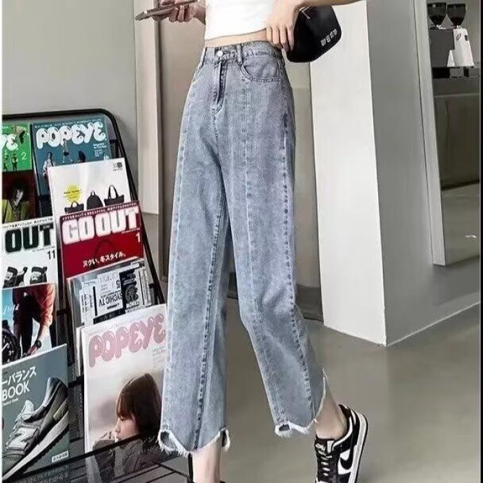 九分牛仔裤女春浅色直筒裤宽松裤子高腰八分小个子垂感阔腿裤新款