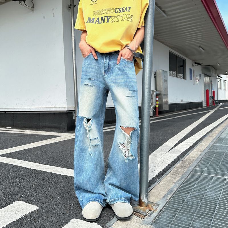 美式高街vibe破洞水洗做旧弯刀牛仔裤男女设计感宽松阔腿长裤子潮