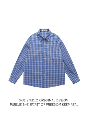 XOL 美式潮牌清爽校园蓝色格子长袖衬衫男女宽松清爽休闲百搭衬衣