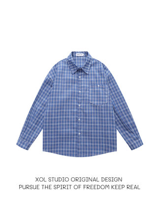 XOL 美式潮牌清爽校园蓝色格子长袖衬衫男女宽松清爽休闲百搭衬衣