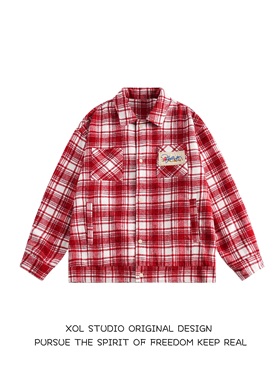 XOL 美式高街拼色刺绣格子长袖衬衫夹克男女设计感小众宽松潮外套