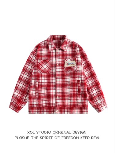 美式高街拼色刺绣格子衬衫夹克