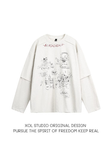 拼接假两件设计感长袖t恤