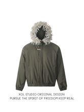 XOL 冬季美式复古毛领连帽棉服派克服男宽松拉链卡扣设计保暖外套