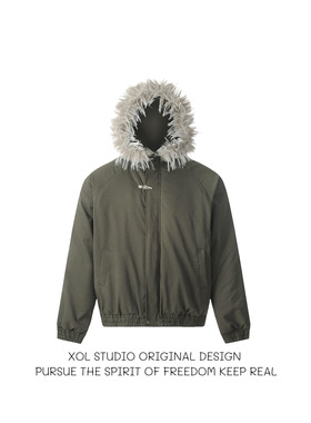 XOL 冬季美式复古毛领连帽棉服派克服男宽松拉链卡扣设计保暖外套
