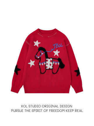 XOL 马年本命年红色圣诞毛衣男女软糯保暖慵懒风氛围感新年针织衫