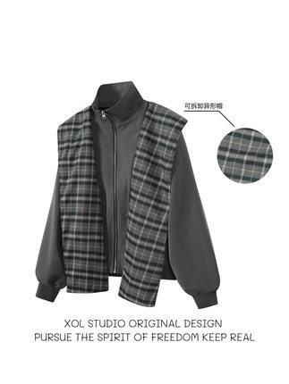 XOL 原创立体构成可拆卸格纹异形帽夹克外套男美式潮牌小众设计感