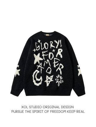 XOL 美式高街字母提花套头毛衣男复古宽松慵懒风设计感小众针织衫