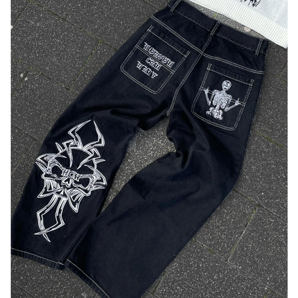 Y2K Men's Black Retro Skull Demon Demon Washed Mens Jeans Hi