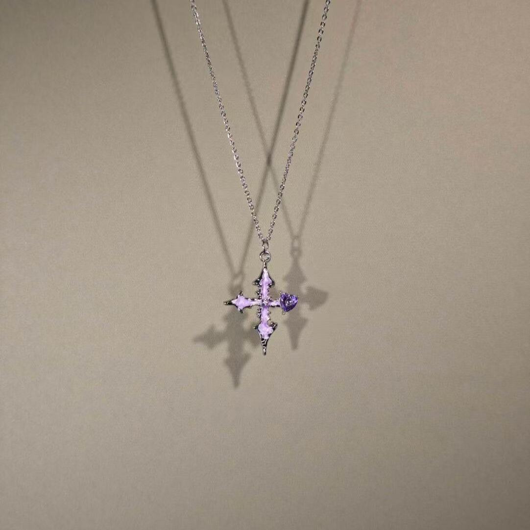 Vintage古着The Purple Cross女生项链紫色水钻十字架吊坠饰品新