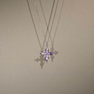 Vintage古着The Purple Cross女生项链紫色水钻十字架吊坠饰品新