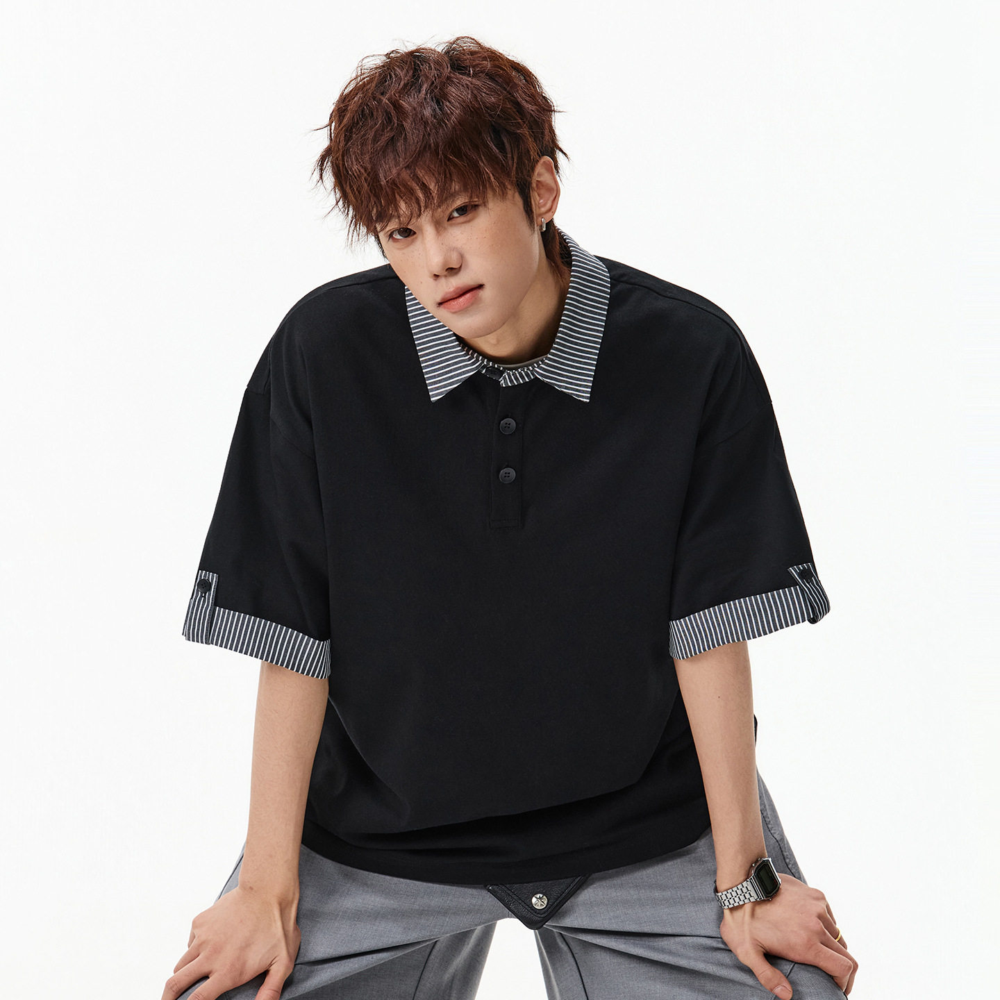 袖口撞色挽袖假两件polo衫男夏季款miu系穿搭风条纹拼接短袖T恤衫