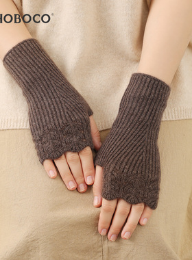 纯山羊绒半指手套女冬天半截无指露指保暖镂空半掌护腕袖套送礼盒