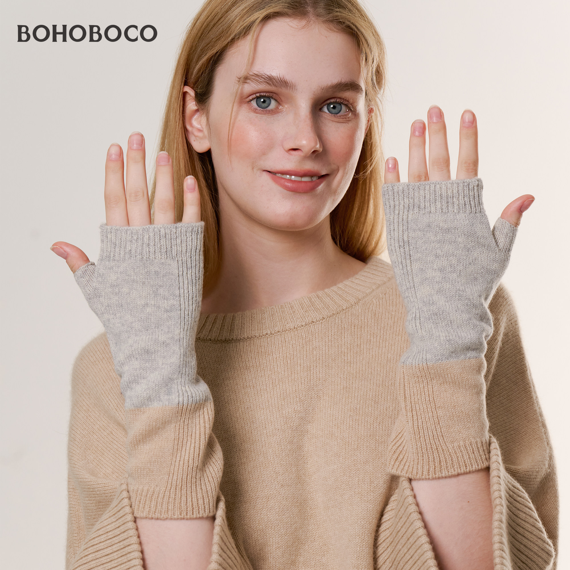 纯羊绒拼色半指手套女冬季