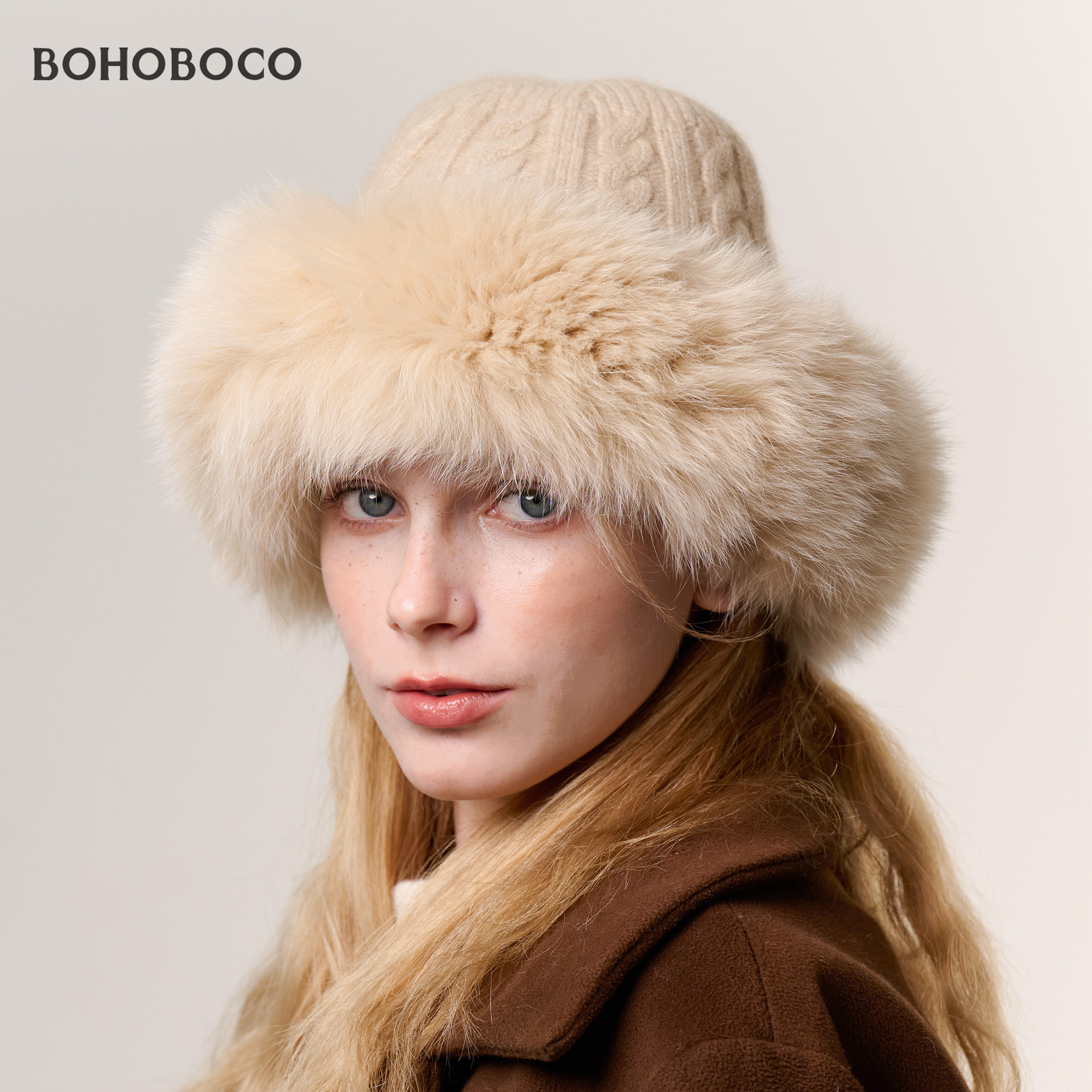 纯山羊绒狐狸毛盆帽秋冬保暖