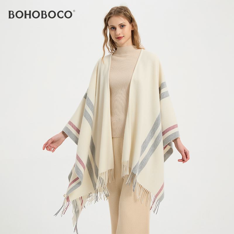 秋冬女流苏拼色条纹纯羊毛斗篷