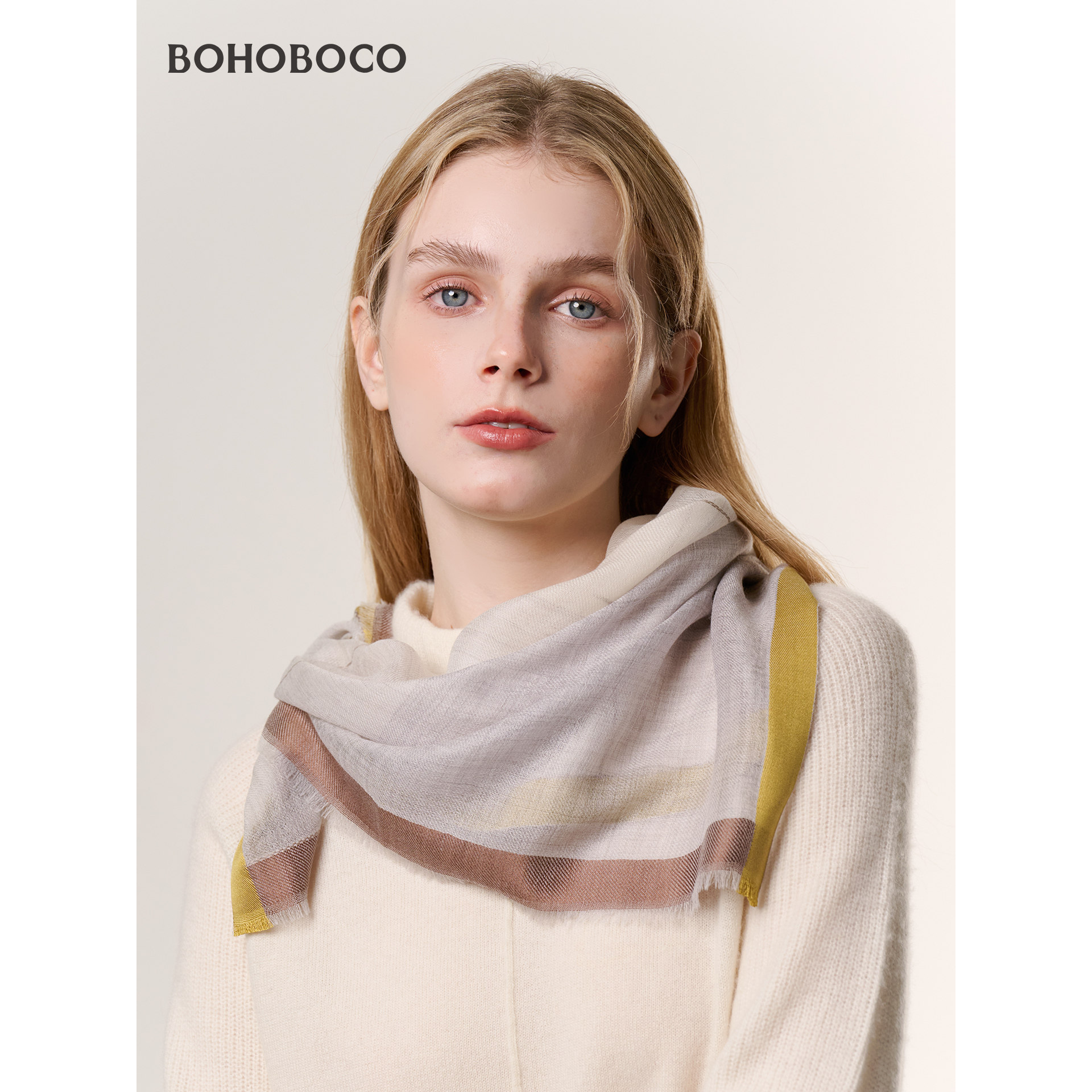 纯山羊绒色织春夏款薄方巾