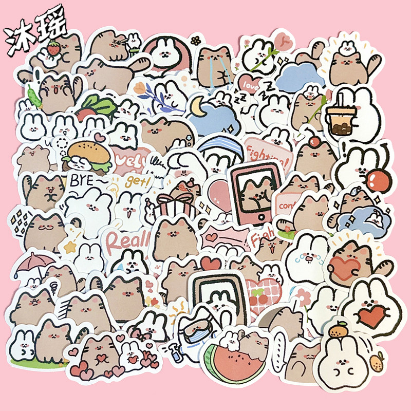 60张卡通可爱小猫和小兔手帐贴纸水杯日记本防水手机壳diy贴画