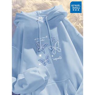 连帽加绒外套宽松女款春装蓝色新款女士春季卫衣2026多巴胺