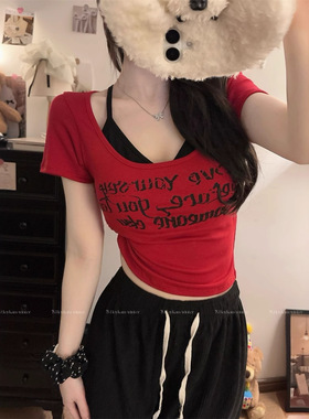 5089#纯欲辣妹假两件短袖T恤女美式复古字母印花短款显瘦正肩上衣