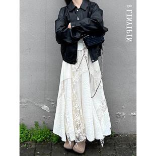 不规则半身裙mm白色拼接蕾丝胖重工大码刺绣长款春季女裙网纱蛋糕