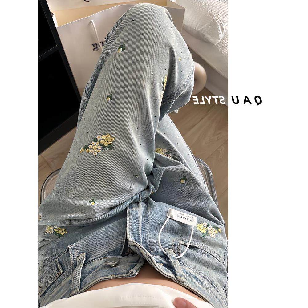 花朵女大码mm2026高腰春秋牛仔裤刺绣显瘦阔腿裤子胖宽松新款直筒