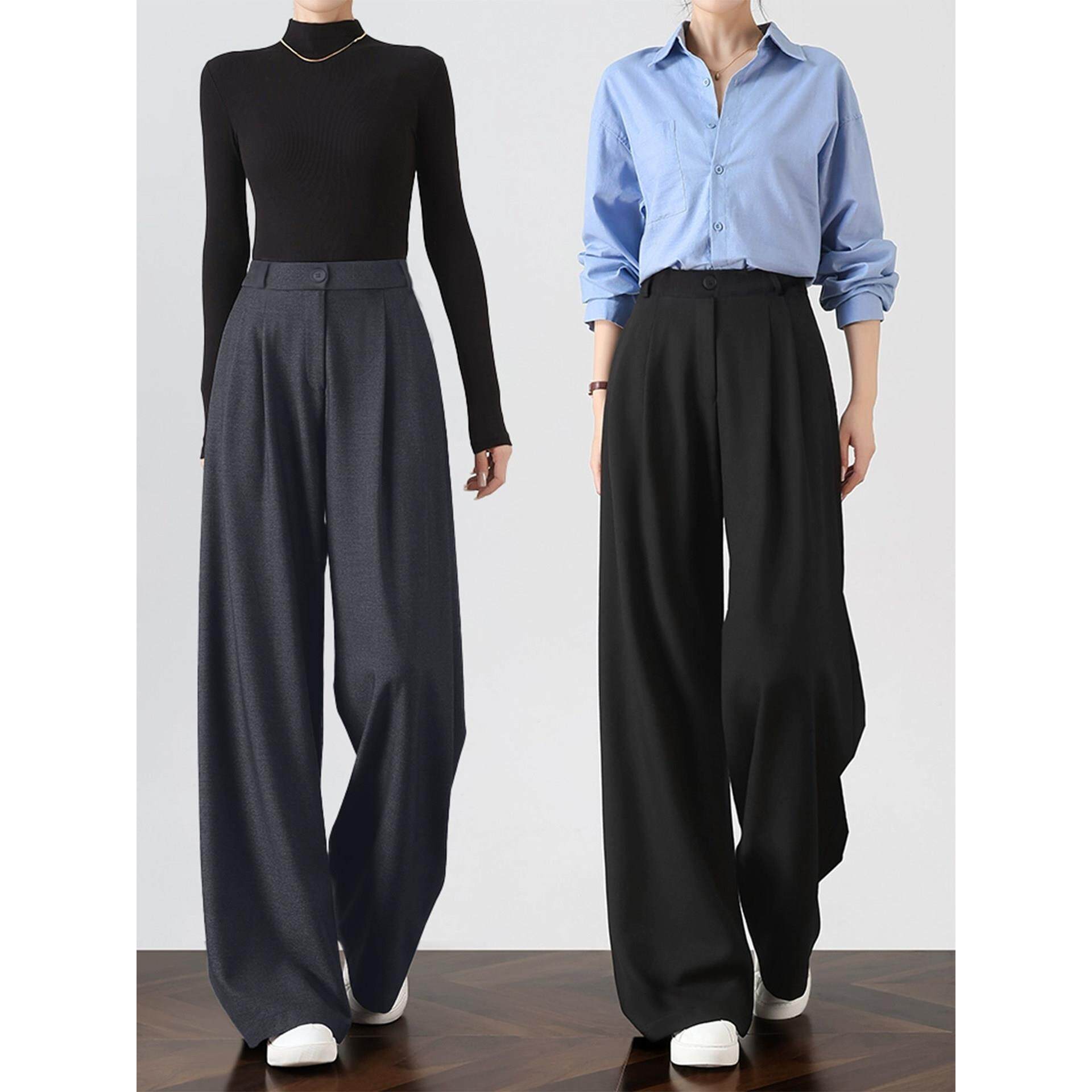 宽松春季裤女显瘦黑色阔腿高腰西装新款垂感休闲直筒裤2026小个子