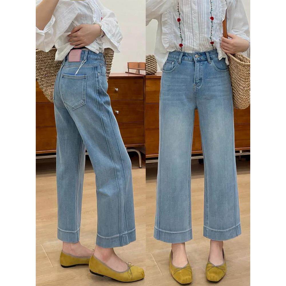 高腰mm腿女款胖牛仔裤小个子裤浅色裤大码九分直筒窄版阔弹力烟管